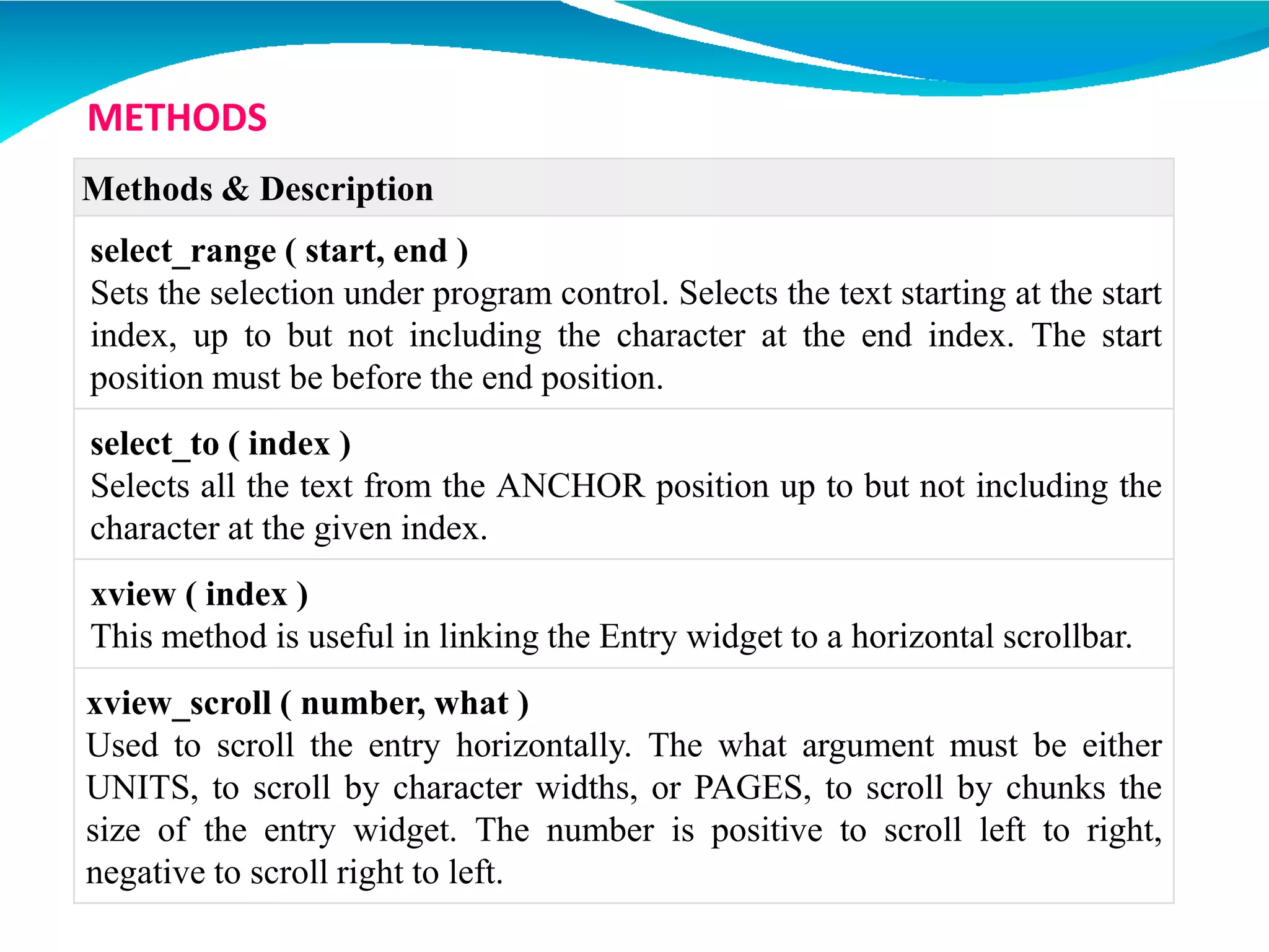 Methods & Description
select_range ( start, end )
Sets the selection under program control. Selects the text starting at the start
index, up to but not including the character at the end index. The start
position must be before the end position.
select_to ( index )
Selects all the text from the ANCHOR position up to but not including the
character at the given index.
xview ( index )
This method is useful in linking the Entry widget to a horizontal scrollbar.
xview_scroll ( number, what )
Used to scroll the entry horizontally. The what argument must be either
UNITS, to scroll by character widths, or PAGES, to scroll by chunks the
size of the entry widget. The number is positive to scroll left to right,
negative to scroll right to left.
METHODS
 