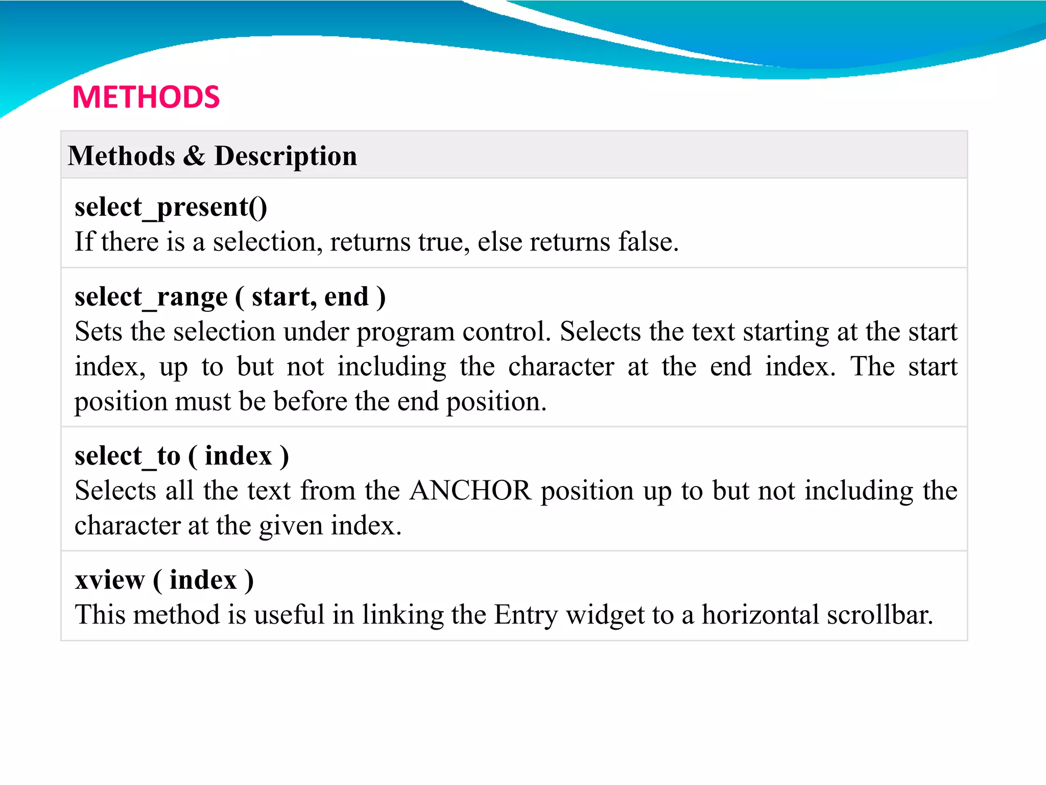 Methods & Description
select_present()
If there is a selection, returns true, else returns false.
select_range ( start, end )
Sets the selection under program control. Selects the text starting at the start
index, up to but not including the character at the end index. The start
position must be before the end position.
select_to ( index )
Selects all the text from the ANCHOR position up to but not including the
character at the given index.
xview ( index )
This method is useful in linking the Entry widget to a horizontal scrollbar.
METHODS
 