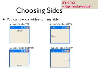 SYNTAX :
widget.pack(options)
 