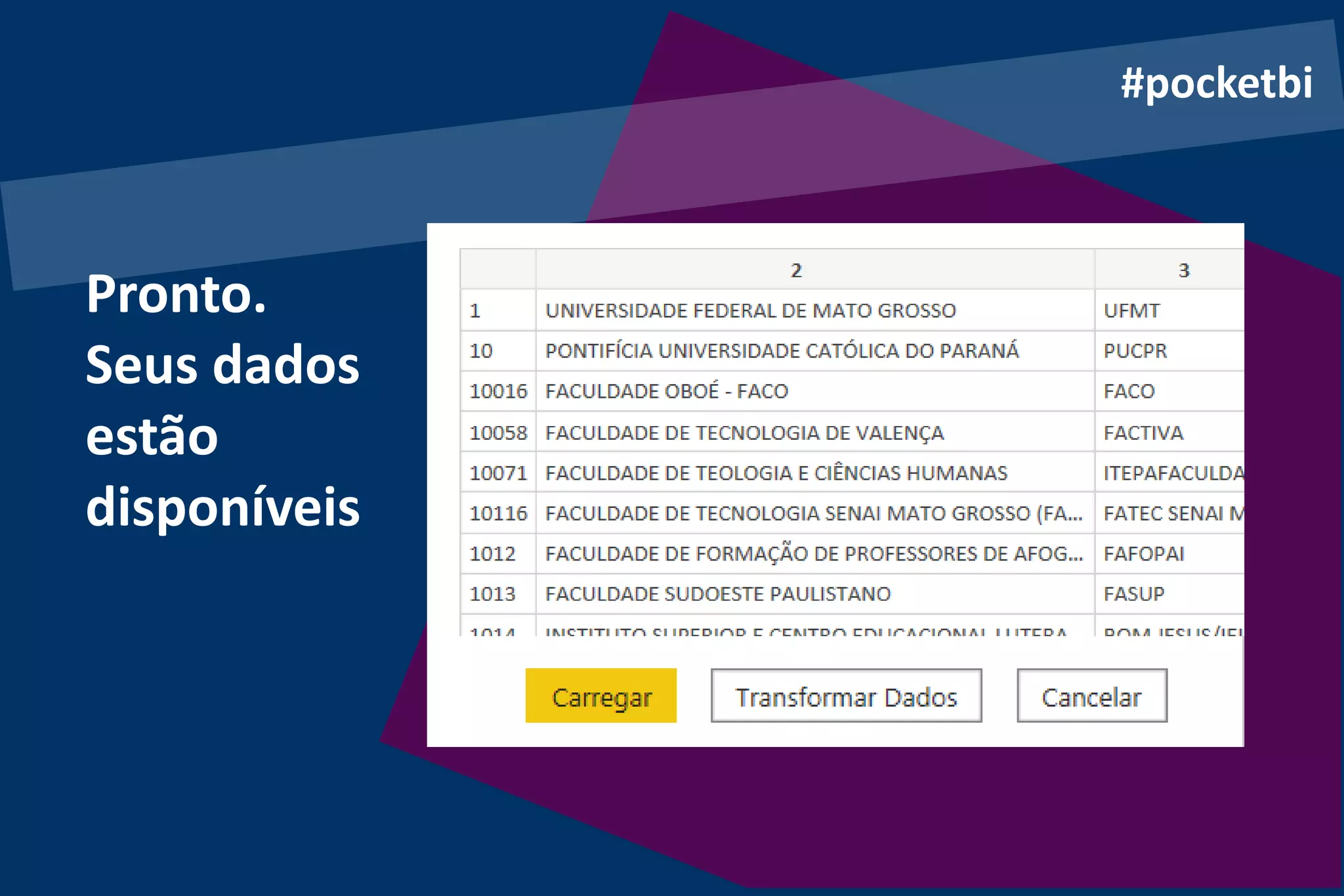 Pronto.
Seus dados
estão
disponíveis
#pocketbi
 