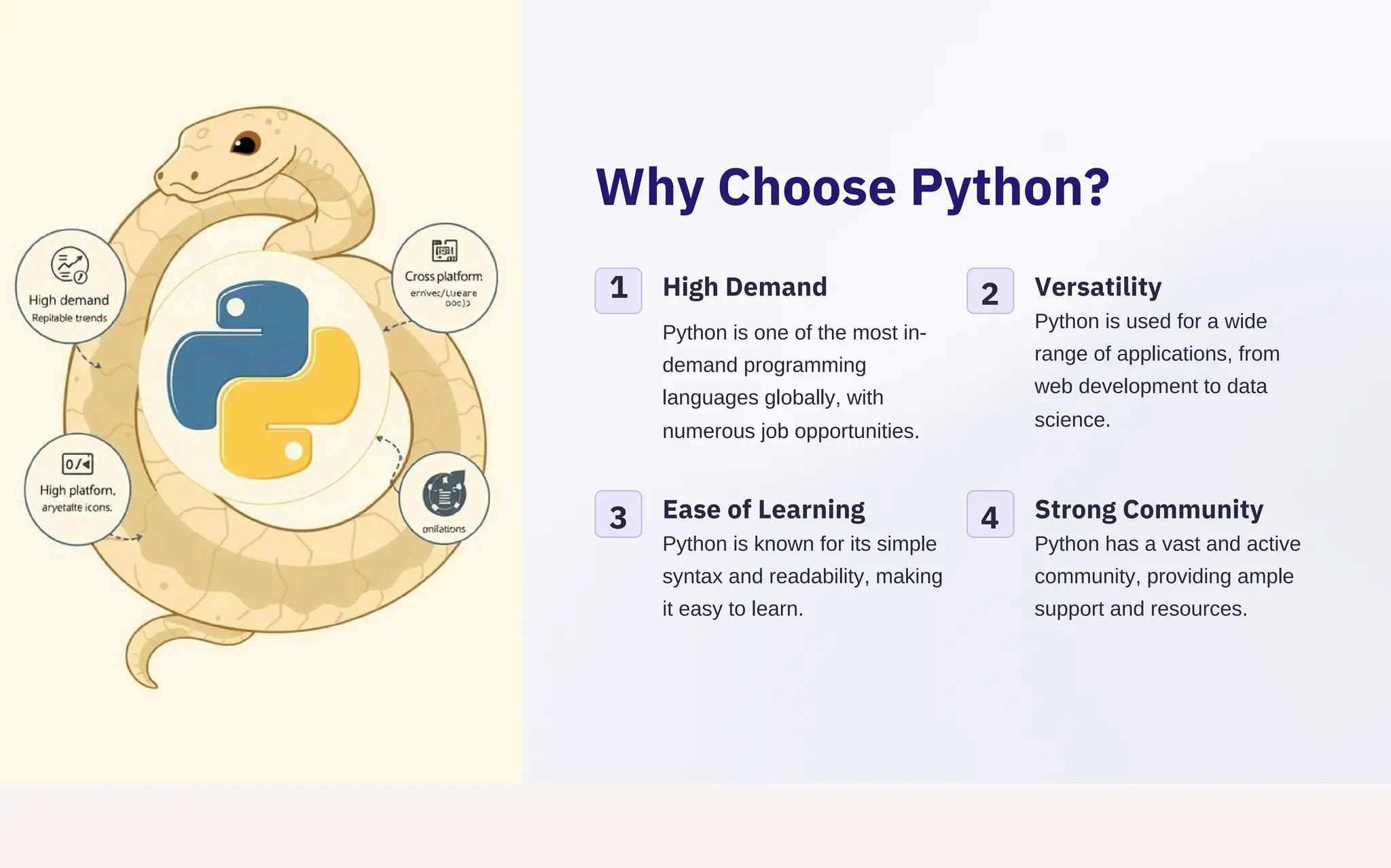 Why Choose Python?
3 4
High Demand
Ease of Learning
Python is known for its simple
syntax and readability, making
it easy to learn.
Versatility
Python is used for a wide
range of applications, from
web development to data
science.
Strong Community
Python has a vast and active
community, providing ample
support and resources.
Python is one of the most in-
demand programming
languages globally, with
numerous job opportunities.
1 2
 