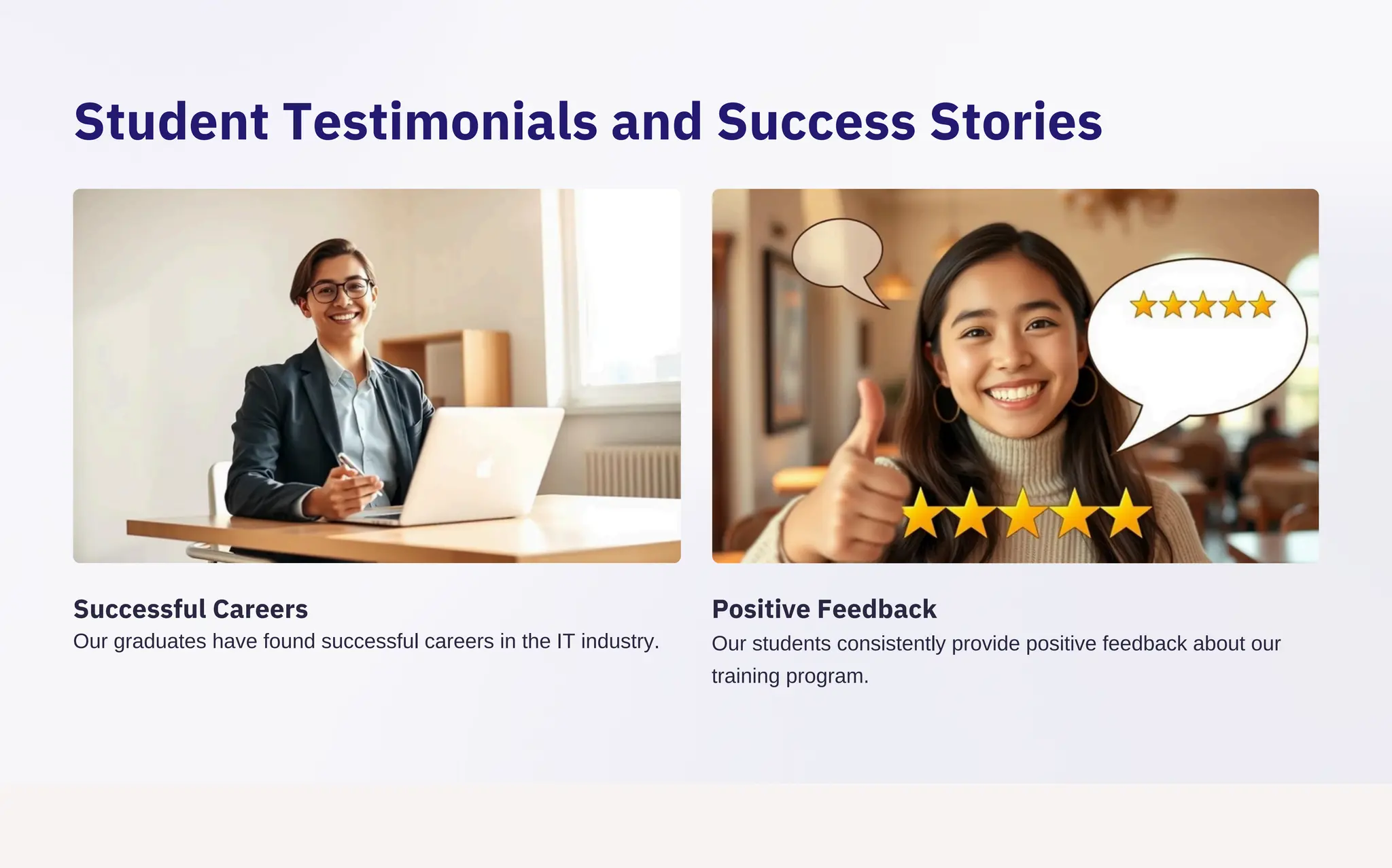 Student Testimonials and Success Stories
Successful Careers
Our graduates have found successful careers in the IT industry.
Positive Feedback
Our students consistently provide positive feedback about our
training program.
 