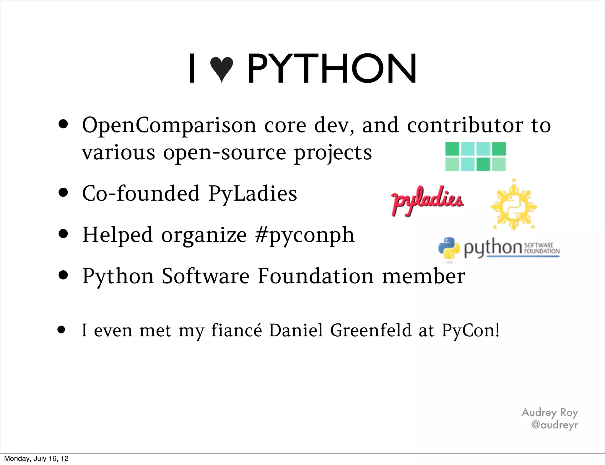 OVERVIEW


• Code readability
• Linters and code checkers
• Where to find free reusable Python libraries
• How to package your code for reuse

                                            Audrey Roy
                                             @audreyr
 