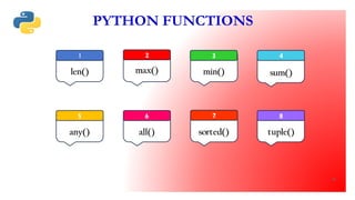 len()
1
max()
2
min()
3
sum()
4
any()
5
all()
6
sorted()
7
tuple()
8
PYTHON FUNCTIONS
18
 