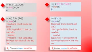 >>> no_s=(1,2,3,4,5,6)
>>> max(no_s)
6
>>> x=(1,2,3,4,[5,6])
>>> max(x)
Traceback (most recent call
last):
File "<pyshell#17>", line 1, in
<module>
max(x)
TypeError: '>' not supported
between instances of 'list' and
'int'
>>> y=( ‘Hi’, ‘hi’, ‘Hello’)
>>> max(y)
‘hi’
>>> a=('hi',9)
>>> max(a)
Traceback (most recent call
last):
File "<pyshell#19>", line 1, in
<module>
max(a)
TypeError: '>' not supported
between instances of 'int' and
'str'
Youcant compare int and list Youcant compare int and string
20
 
