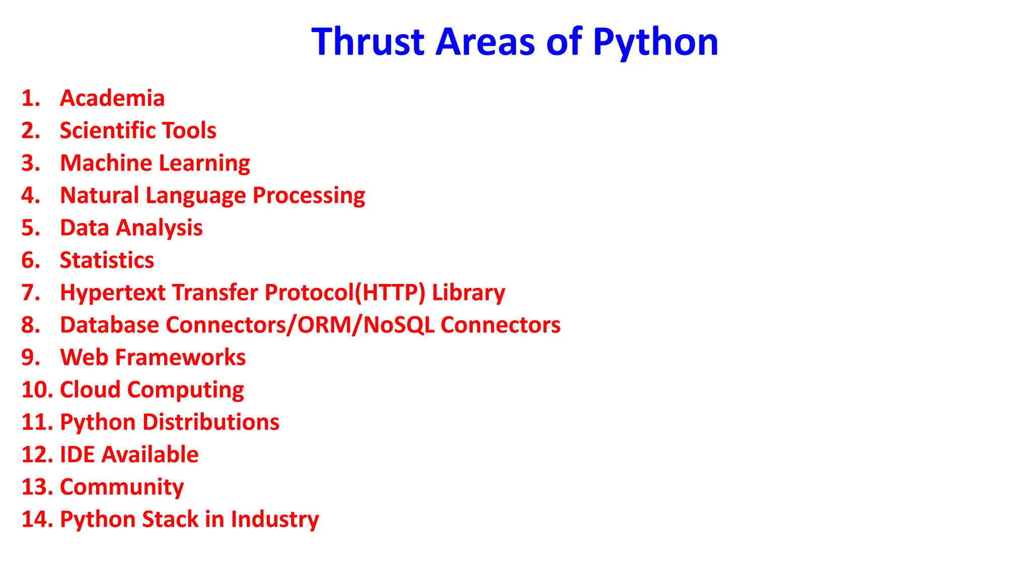 Thrust Areas of Python
1. Academia
2. Scientific Tools
3. Machine Learning
4. Natural Language Processing
5. Data Analysis
6. Statistics
7. Hypertext Transfer Protocol(HTTP) Library
8. Database Connectors/ORM/NoSQL Connectors
9. Web Frameworks
10. Cloud Computing
11. Python Distributions
12. IDE Available
13. Community
14. Python Stack in Industry
 