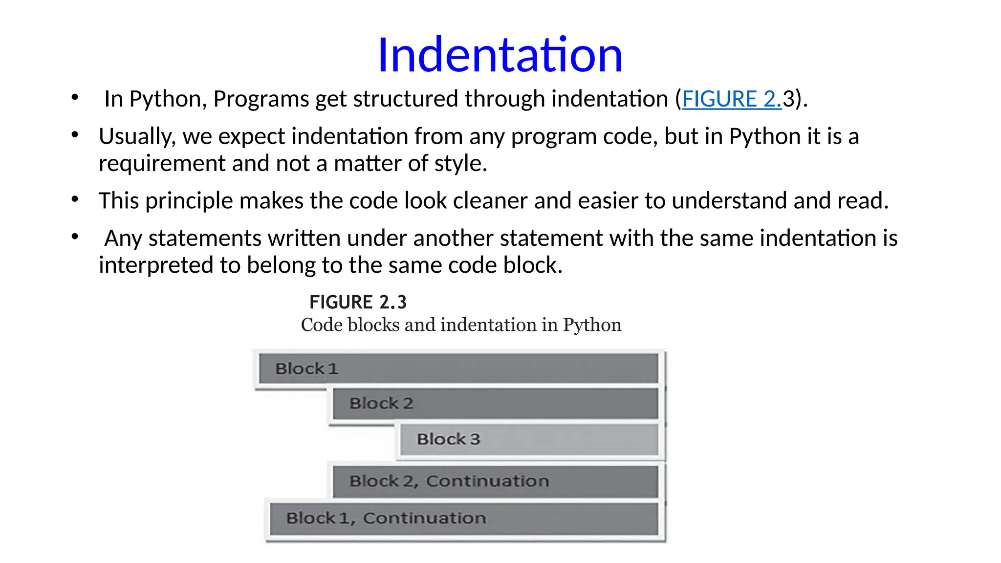 Indentation
• In Python, Programs get structured through indentation (FIGURE 2.3).
• Usually, we expect indentation from any program code, but in Python it is a
requirement and not a matter of style.
• This principle makes the code look cleaner and easier to understand and read.
• Any statements written under another statement with the same indentation is
interpreted to belong to the same code block.
FIGURE 2.3
Code blocks and indentation in Python
 