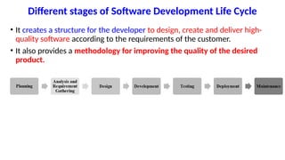 Different stages of Software Development Life Cycle
• It creates a structure for the developer to design, create and deliver high-
quality software according to the requirements of the customer.
• It also provides a methodology for improving the quality of the desired
product.
 