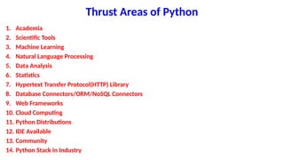 Thrust Areas of Python
1. Academia
2. Scientific Tools
3. Machine Learning
4. Natural Language Processing
5. Data Analysis
6. Statistics
7. Hypertext Transfer Protocol(HTTP) Library
8. Database Connectors/ORM/NoSQL Connectors
9. Web Frameworks
10. Cloud Computing
11. Python Distributions
12. IDE Available
13. Community
14. Python Stack in Industry
 