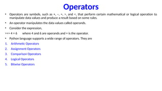Operators
• Operators are symbols, such as +, –, =, >, and <, that perform certain mathematical or logical operation to
manipulate data values and produce a result based on some rules.
• An operator manipulates the data values called operands.
• Consider the expression,
>>> 4 + 6 where 4 and 6 are operands and + is the operator.
• Python language supports a wide range of operators. They are
1. Arithmetic Operators
2. Assignment Operators
3. Comparison Operators
4. Logical Operators
5. Bitwise Operators
 