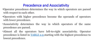 Precedence and Associativity
•Operator precedence determines the way in which operators are parsed
with respect to each other.
•Operators with higher precedence become the operands of operators
with lower precedence.
•Associativity determines the way in which operators of the same
precedence are parsed.
•Almost all the operators have left-to-right associativity. Operator
precedence is listed in TABLE 2.9 starting with the highest precedence to
lowest precedence.
 