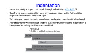 Indentation
• In Python, Programs get structured through indentation (FIGURE 2.3).
• Usually, we expect indentation from any program code, but in Python it is a
requirement and not a matter of style.
• This principle makes the code look cleaner and easier to understand and read.
• Any statements written under another statement with the same indentation is
interpreted to belong to the same code block.
FIGURE 2.3
Code blocks and indentation in Python
 