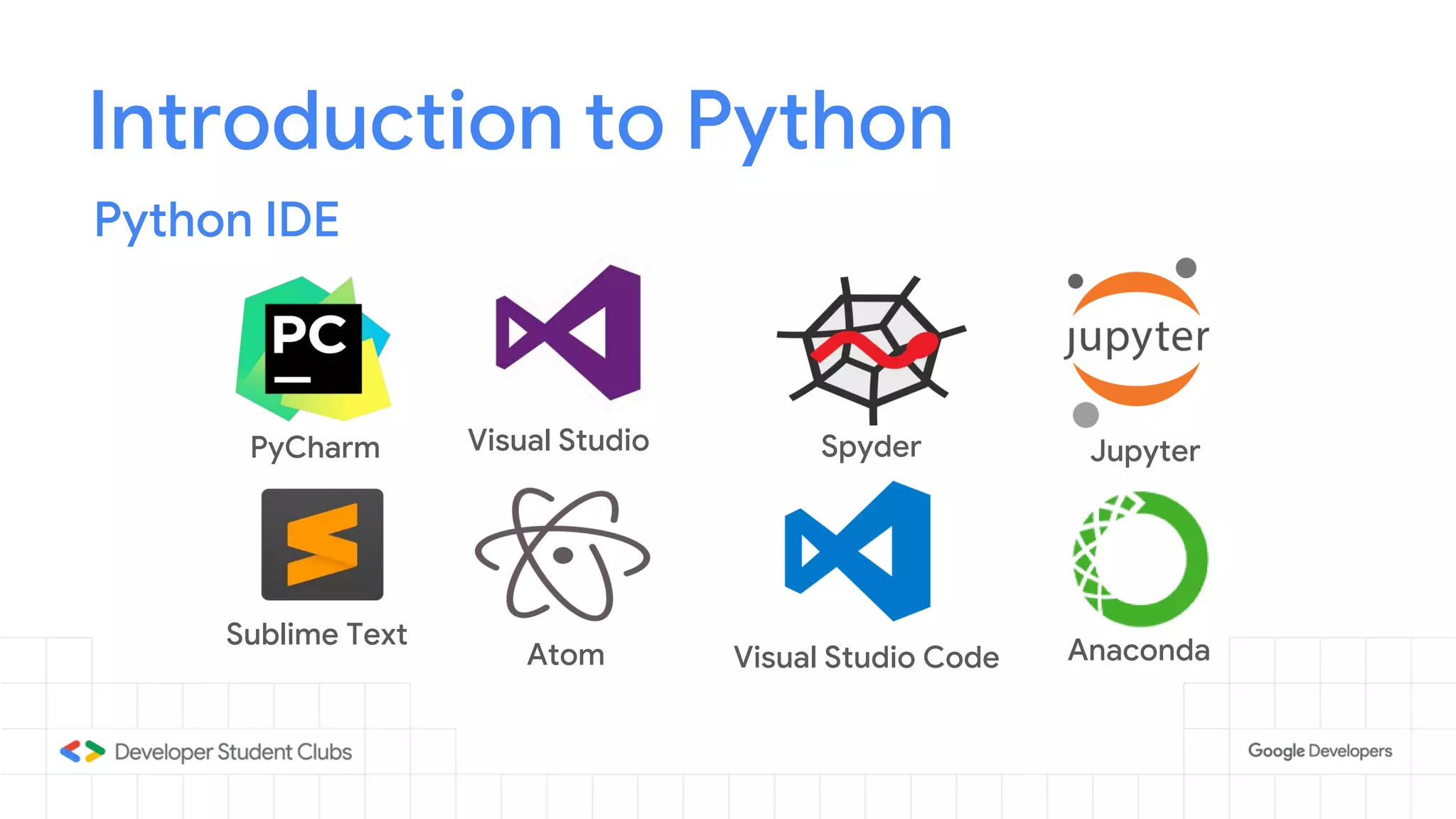 Introduction to Python
Python IDE
PyCharm
Sublime Text
Visual Studio
Atom
Spyder
Anaconda
Jupyter
Visual Studio Code
 
