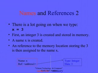 Names and References 2
• There is a lot going on when we type:
x = 3
• First, an integer 3 is created and stored in memory.
• A name x is created.
• An reference to the memory location storing the 3
is then assigned to the name x.
Type: Integer
Data: 3
Name: x
Ref: <address1>
name list memory
"Vibrant Technology & Computer"
Vashi, Navi mumbai
 