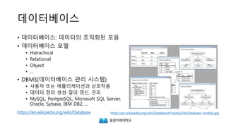 데이터베이스
• 데이터베이스: 데이터의 조직화된 모음
• 데이터베이스 모델
• Hierarchical
• Relational
• Object
• ...
• DBMS(데이터베이스 관리 시스템)
• 사용자 또는 애플리케이션과 상호작용
• 데이터 정의·생성·질의·갱신, 관리
• MySQL, PostgreSQL, Microsoft SQL Server,
Oracle, Sybase, IBM DB2, ...
https://en.wikipedia.org/wiki/Database#/media/File:Database_models.jpghttps://en.wikipedia.org/wiki/Database
 
