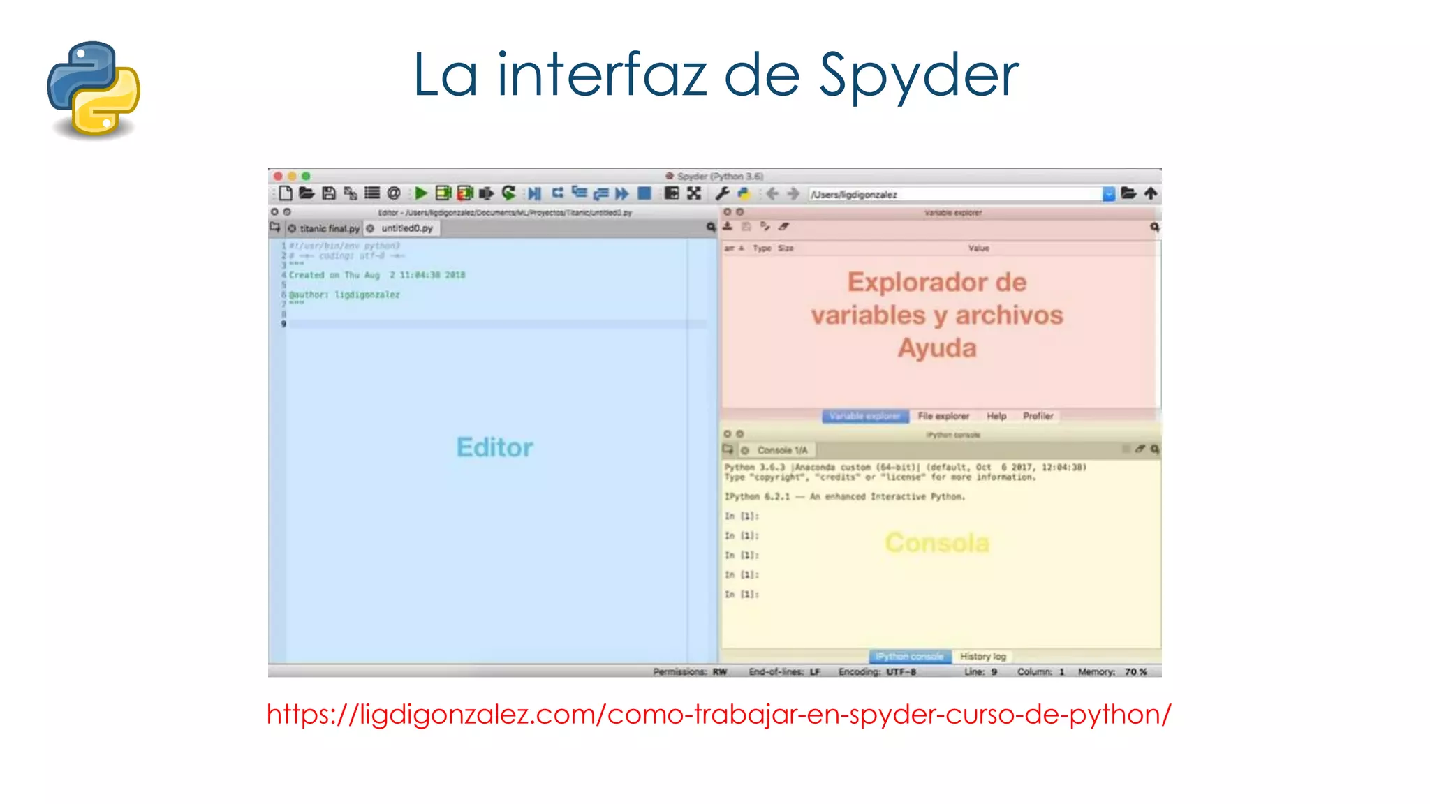 La interfaz de Spyder
https://ligdigonzalez.com/como-trabajar-en-spyder-curso-de-python/
 