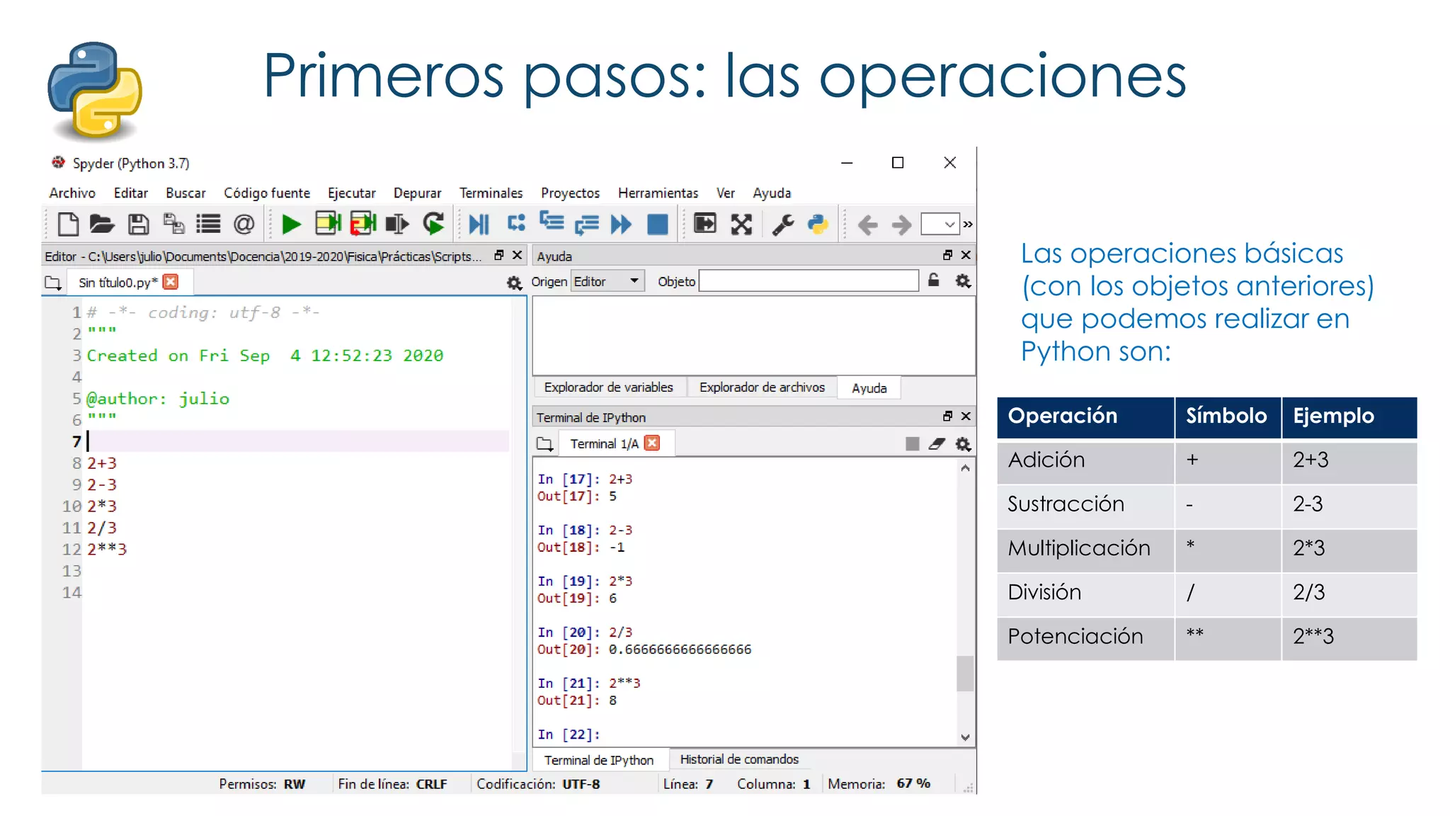 Primeros pasos: las operaciones
Las operaciones básicas
(con los objetos anteriores)
que podemos realizar en
Python son:
Operación Símbolo Ejemplo
Adición + 2+3
Sustracción - 2-3
Multiplicación * 2*3
División / 2/3
Potenciación ** 2**3
 