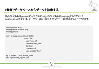 Copyright Shiroyagi Corporation. All rights reserved.
（参考）データベースからデータを抽出する
import pandas as pd
import pandas.io.sql as psql
import pymysql
con = pymysql.connect(host='XXX’,
port=3306,
user='user_id',
passwd='user_pass',
db='test',
charset='utf8',
use_unicode='true')
sql = “SELECT * FROM test_table”
data = psql.read_sql(con, sql)
MySQLであればpymysqlライブラリ（PostgreSQLであればpsycopg2ライブラリ）と
pandas.io.sqlを使えば、データベースからSQLを使ってデータを抽出することもできます。
 