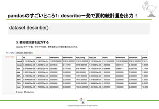 Copyright Shiroyagi Corporation. All rights reserved.
pandasのすごいところ1: describe一発で要約統計量を出力！
dataset.describe()
 