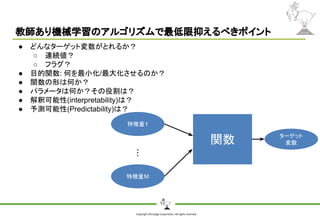 Copyright Shiroyagi Corporation. All rights reserved.
教師あり機械学習のアルゴリズムで最低限抑えるべきポイント
● どんなターゲット変数がとれるか？
○ 連続値？
○ フラグ？
● 目的関数: 何を最小化/最大化させるのか？
● 関数の形は何か？
● パラメータは何か？その役割は？
● 解釈可能性(interpretability)は？
● 予測可能性(Predictability)は？
特徴量1
特徴量M
・・・ ターゲット
変数関数
 