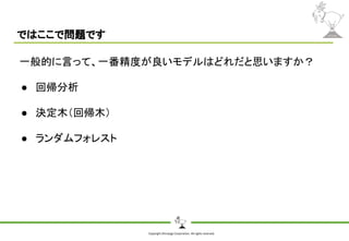 Copyright Shiroyagi Corporation. All rights reserved.
ではここで問題です
一般的に言って、一番精度が良いモデルはどれだと思いますか？
● 回帰分析
● 決定木（回帰木）
● ランダムフォレスト
 