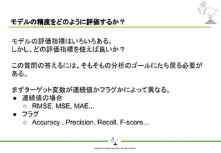 Copyright Shiroyagi Corporation. All rights reserved.
モデルの精度をどのように評価するか？
モデルの評価指標はいろいろある。
しかし、どの評価指標を使えば良いか？
この質問の答えるには、そもそもの分析のゴールにたち戻る必要が
ある。
まずターゲット変数が連続値かフラグかによって異なる。
● 連続値の場合
○ RMSE, MSE, MAE...
● フラグ
○ Accuracy , Precision, Recall, F-score...
 