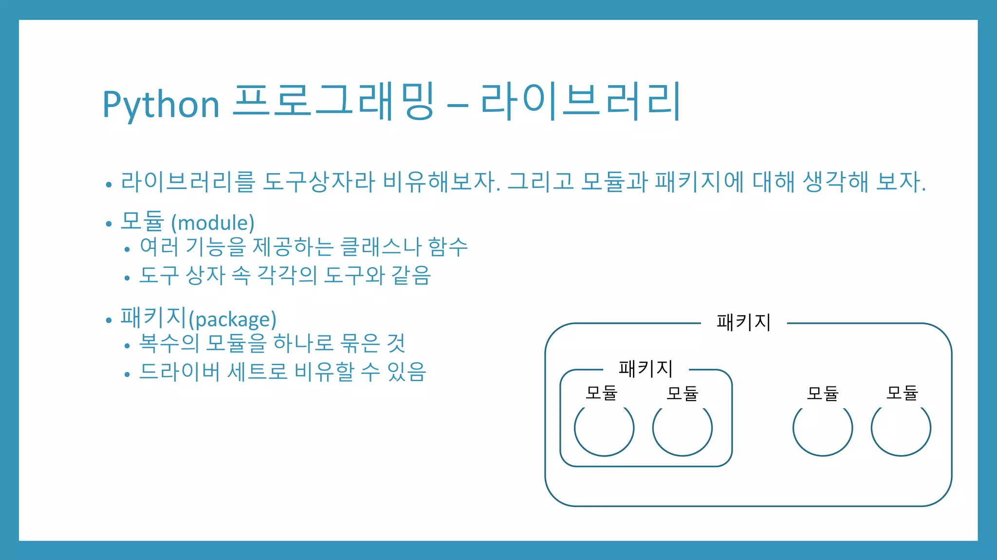 Python 프로그래밍 – 라이브러리
• 라이브러리를 도구상자라 비유해보자. 그리고 모듈과 패키지에 대해 생각해 보자.
• 모듈 (module)
• 여러 기능을 제공하는 클래스나 함수
• 도구 상자 속 각각의 도구와 같음
• 패키지(package)
• 복수의 모듈을 하나로 묶은 것
• 드라이버 세트로 비유할 수 있음
패키지
패키지
모듈모듈 모듈 모듈
 