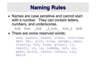Naming Rules
 Names are case sensitive and cannot start
with a number. They can contain letters,
numbers, and underscores.
bob Bob _bob _2_bob_ bob_2 BoB
 There are some reserved words:
and, assert, break, class, continue,
def, del, elif, else, except, exec,
finally, for, from, global, if,
import, in, is, lambda, not, or,
pass, print, raise, return, try,
while
 