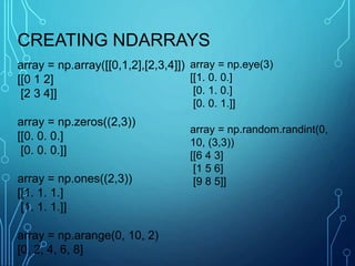 array = np.array([[0,1,2],[2,3,4]])
[[0 1 2]
[2 3 4]]
array = np.zeros((2,3))
[[0. 0. 0.]
[0. 0. 0.]]
array = np.ones((2,3))
[[1. 1. 1.]
[1. 1. 1.]]
array = np.arange(0, 10, 2)
[0, 2, 4, 6, 8]
array = np.eye(3)
[[1. 0. 0.]
[0. 1. 0.]
[0. 0. 1.]]
array = np.random.randint(0,
10, (3,3))
[[6 4 3]
[1 5 6]
[9 8 5]]
CREATING NDARRAYS
 