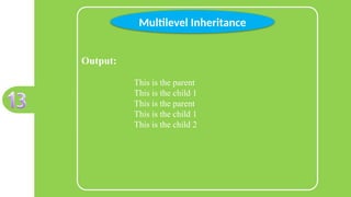 Output:
This is the parent
This is the child 1
This is the parent
This is the child 1
This is the child 2
Multilevel Inheritance
 