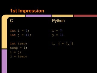 1st Impression
C                Python

int i = 7;       i = 7
int j = 11;      j = 11

int temp;        i, j = j, i
temp = i;
i = j;
j = temp;
 