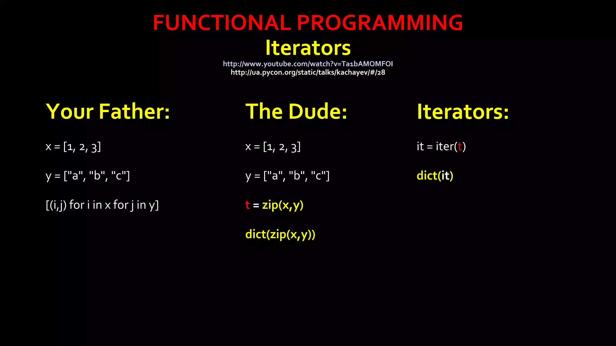 FUNCTIONAL PROGRAMMING
Iterators
http://www.youtube.com/watch?v=Ta1bAMOMFOI
http://ua.pycon.org/static/talks/kachayev/#/28

Your Father:

The Dude:

Iterators:

x = [1, 2, 3]

x = [1, 2, 3]

it = iter(t)

y = ["a", "b", "c"]

y = ["a", "b", "c"]

dict(it)

[(i,j) for i in x for j in y]

t = zip(x,y)
dict(zip(x,y))

 