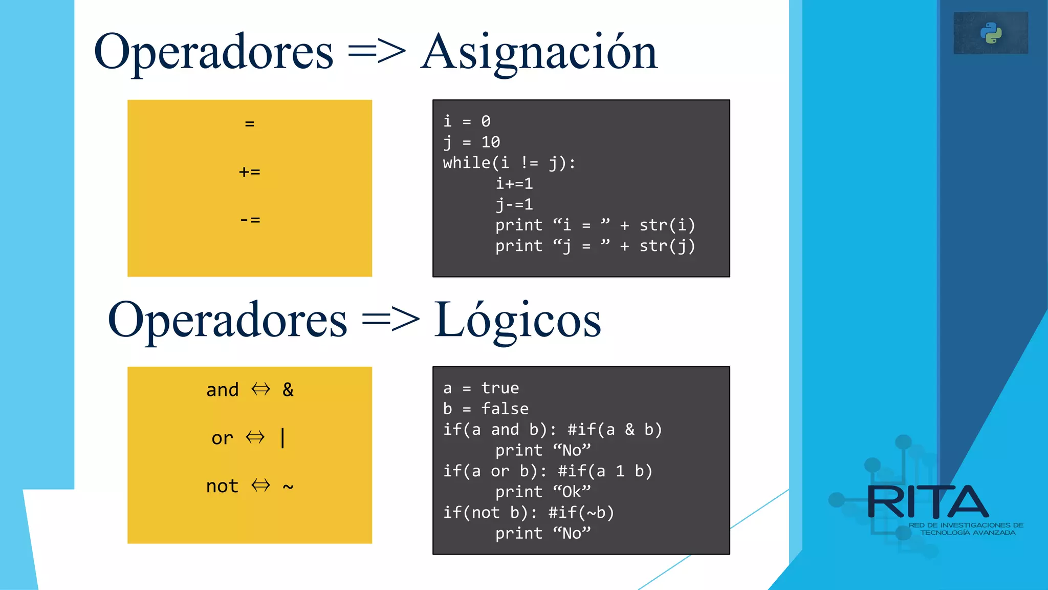 Operadores => Asignación
Operadores => Lógicos
=
+=
-=
i = 0
j = 10
while(i != j):
i+=1
j-=1
print “i = ” + str(i)
print “j = ” + str(j)
and ⇔ &
or ⇔ |
not ⇔ ~
a = true
b = false
if(a and b): #if(a & b)
print “No”
if(a or b): #if(a 1 b)
print “Ok”
if(not b): #if(~b)
print “No”
 