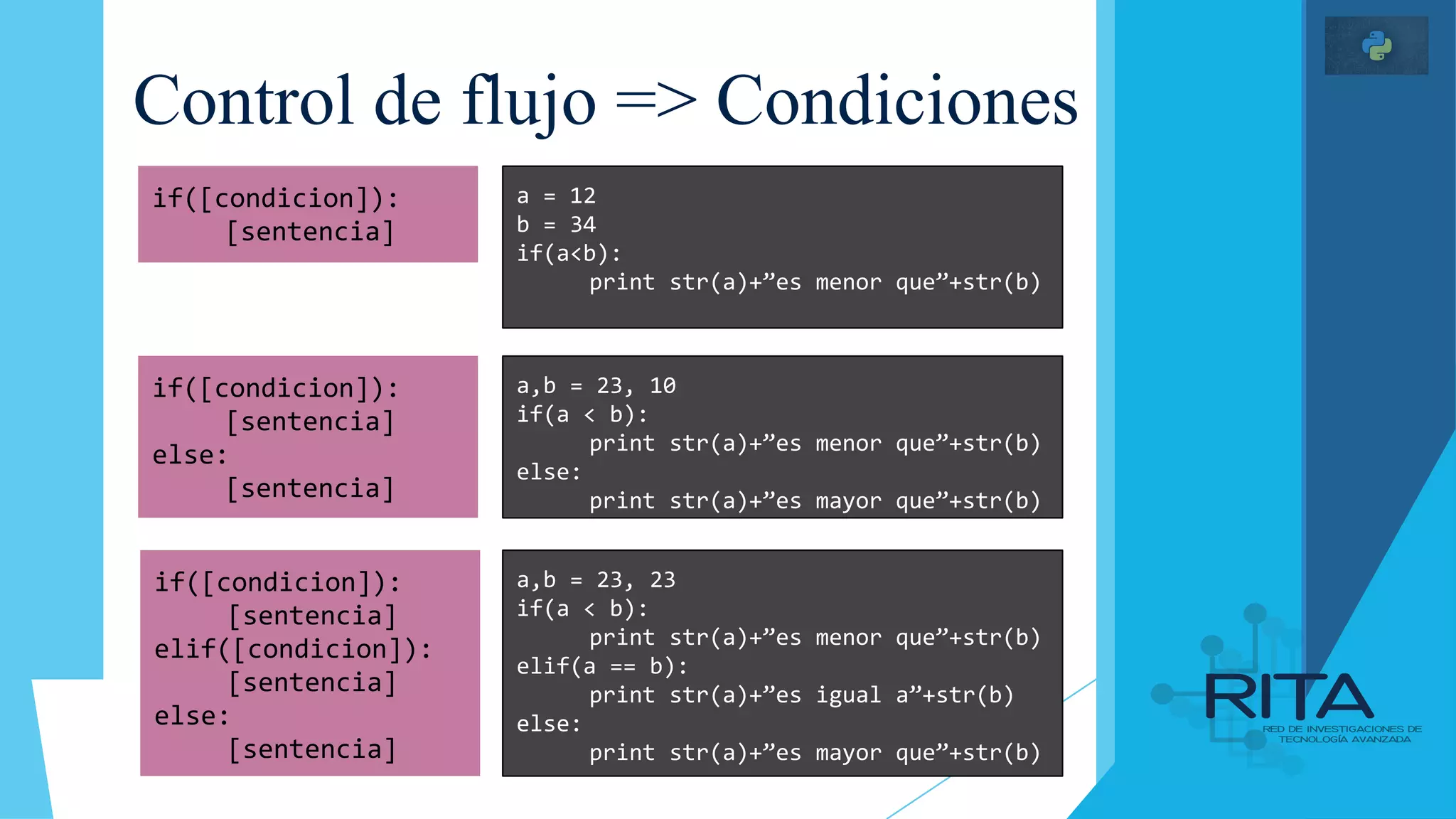 Control de flujo => Condiciones
if([condicion]):
[sentencia]
a = 12
b = 34
if(a<b):
print str(a)+”es menor que”+str(b)
if([condicion]):
[sentencia]
else:
[sentencia]
a,b = 23, 10
if(a < b):
print str(a)+”es menor que”+str(b)
else:
print str(a)+”es mayor que”+str(b)
if([condicion]):
[sentencia]
elif([condicion]):
[sentencia]
else:
[sentencia]
a,b = 23, 23
if(a < b):
print str(a)+”es menor que”+str(b)
elif(a == b):
print str(a)+”es igual a”+str(b)
else:
print str(a)+”es mayor que”+str(b)
 