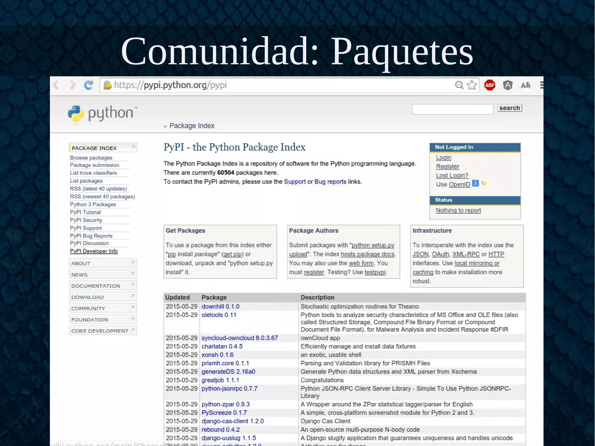 Comunidad: Paquetes
Pypi
pip install paquete
 