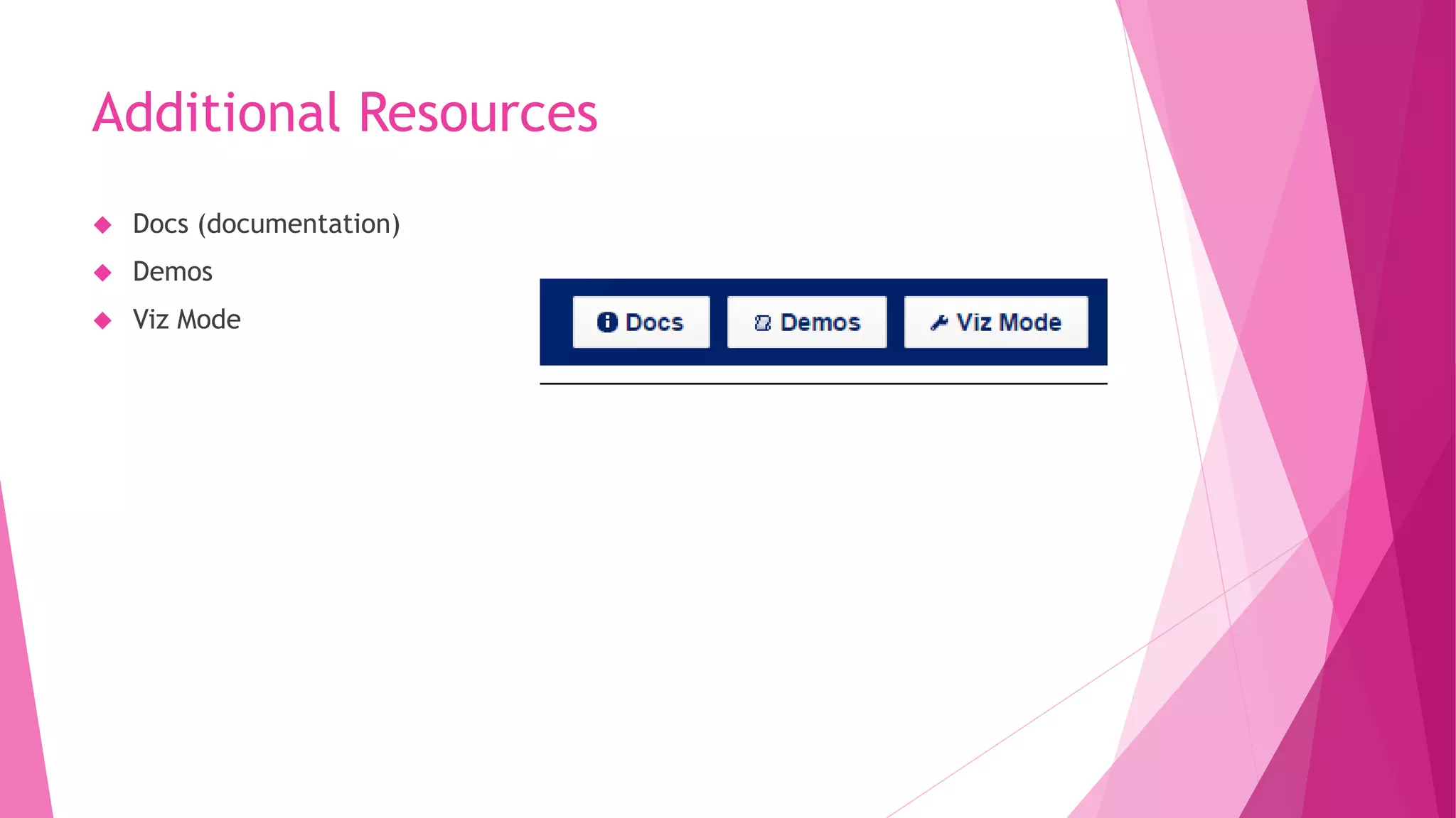 Additional Resources 
 Docs (documentation) 
 Demos 
 Viz Mode 
 