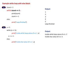 Example while loop with else block:
count = 1
while count <= 5 :
print(count)
count += 1
else:
print("Loop finished")
1
x = 5
while (x <= 5):
print('Inside while loop value of x is ', x)
x = x + 1
else:
print('Inside else value of x is ', x)
1
Output:
1
2
3
4
5
Loop finished
Output:
Inside while loop value of x is 5
Inside else value of x is 6
 