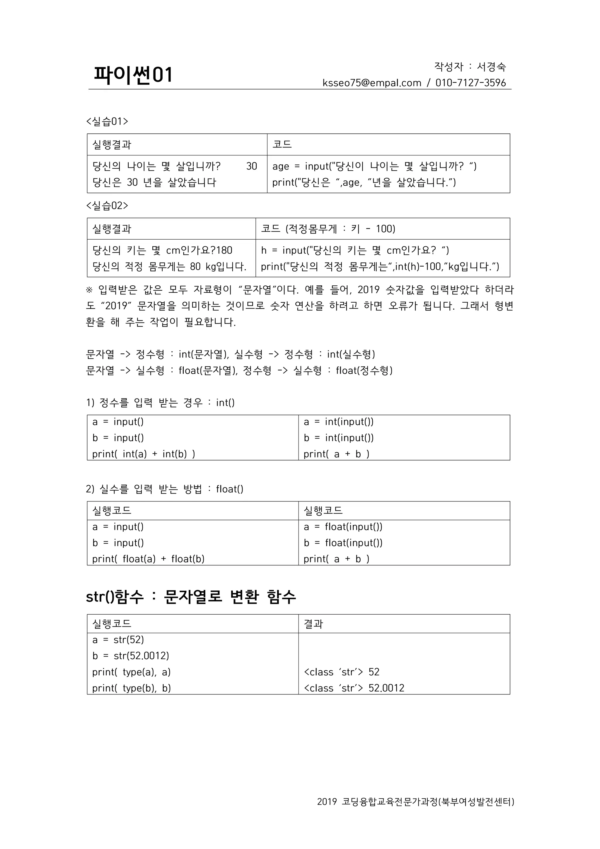 파이썬01
작성자 : 서경숙
ksseo75@empal.com / 010-7127-3596
2019 코딩융합교육전문가과정(북부여성발전센터)
<실습01>
실행결과 코드
당신의 나이는 몇 살입니까? 30
당신은 30 년을 살았습니다
age = input("당신이 나이는 몇 살입니까? “)
print("당신은 “,age, ”년을 살았습니다.”)
<실습02>
실행결과 코드 (적정몸무게 : 키 - 100)
당신의 키는 몇 cm인가요?180
당신의 적정 몸무게는 80 kg입니다.
h = input("당신의 키는 몇 cm인가요? “)
print("당신의 적정 몸무게는“,int(h)-100,”kg입니다.”)
※ 입력받은 값은 모두 자료형이 “문자열”이다. 예를 들어, 2019 숫자값을 입력받았다 하더라
도 “2019” 문자열을 의미하는 것이므로 숫자 연산을 하려고 하면 오류가 됩니다. 그래서 형변
환을 해 주는 작업이 필요합니다.
문자열 -> 정수형 : int(문자열), 실수형 -> 정수형 : int(실수형)
문자열 -> 실수형 : float(문자열), 정수형 -> 실수형 : float(정수형)
1) 정수를 입력 받는 경우 : int()
a = input()
b = input()
print( int(a) + int(b) )
a = int(input())
b = int(input())
print( a + b )
2) 실수를 입력 받는 방법 : float()
실행코드 실행코드
a = input()
b = input()
print( float(a) + float(b)
a = float(input())
b = float(input())
print( a + b )
str()함수 : 문자열로 변환 함수
실행코드 결과
a = str(52)
b = str(52.0012)
print( type(a), a)
print( type(b), b)
<class ‘str’> 52
<class ‘str’> 52.0012
 