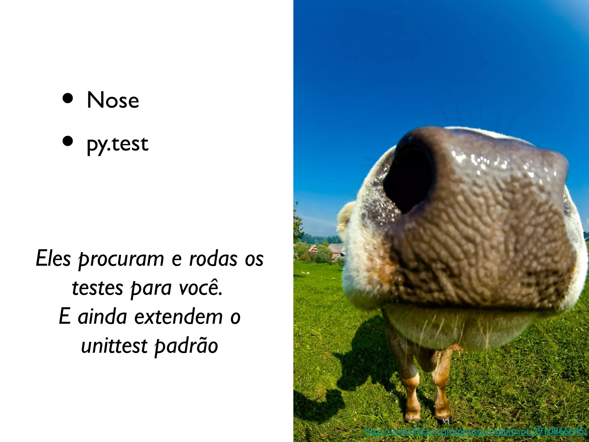 • Nose
  • py.test

Eles procuram e rodas os
    testes para você.
   E ainda extendem o
     unittest padrão


                           http://www.fickr.com/photos/rabbitriot/2910866645/
 