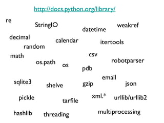 http://docs.python.org/library/
re
               StringIO                             weakref
                                   datetime
 decimal         calendar                  itertools
      random
 math                                csv
          os.path os                           robotparser
                                   pdb
                                            email
     sqlite3                       gzip                json
                   shelve
      pickle                          xml.*     urllib/urllib2
                          tarfle
     hashlib      threading                multiprocessing
 