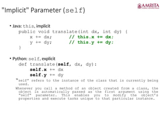 "Implicit" Parameter (self)
• Java: this, implicit
public void translate(int dx, int dy) {
x += dx; // this.x += dx;
y += dy; // this.y += dy;
}
• Python: self, explicit
def translate(self, dx, dy):
self.x += dx
self.y += dy
“self” refers to the instance of the class that is currently being
used.
Whenever you call a method of an object created from a class, the
object is automatically passed as the first argument using the
“self” parameter. This enables you to modify the object’s
properties and execute tasks unique to that particular instance.
 
