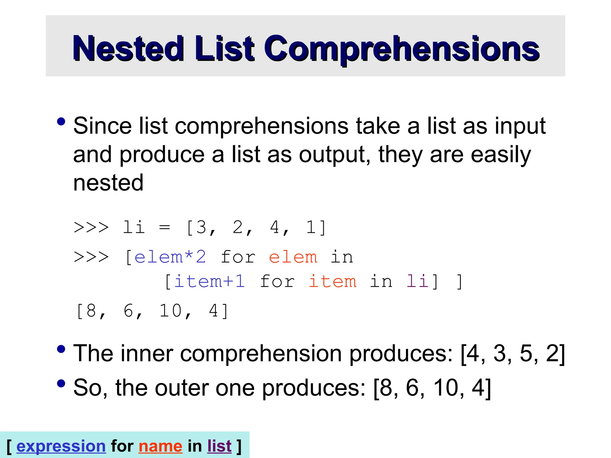  Since list comprehensions take a list as input and produce a list as output, they are easily nested >>> li = [3, 2, 4, 1] >>> [elem*2 for elem in [item+1 for item in li] ] [8, 6, 10, 4]  The inner comprehension produces: [4, 3, 5, 2]  So, the outer one produces: [8, 6, 10, 4] Nested List Comprehensions Nested List Comprehensions [ expression for name in list ] 