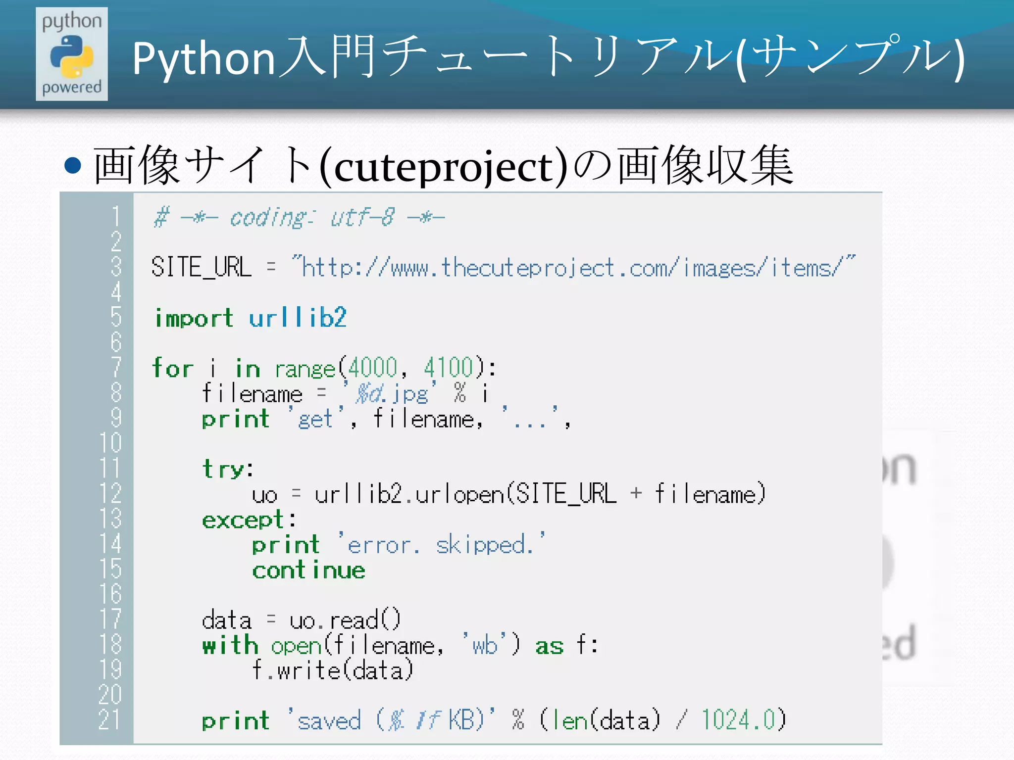 Python入門チュートリアル(サンプル)画像サイト(cuteproject)の画像収集