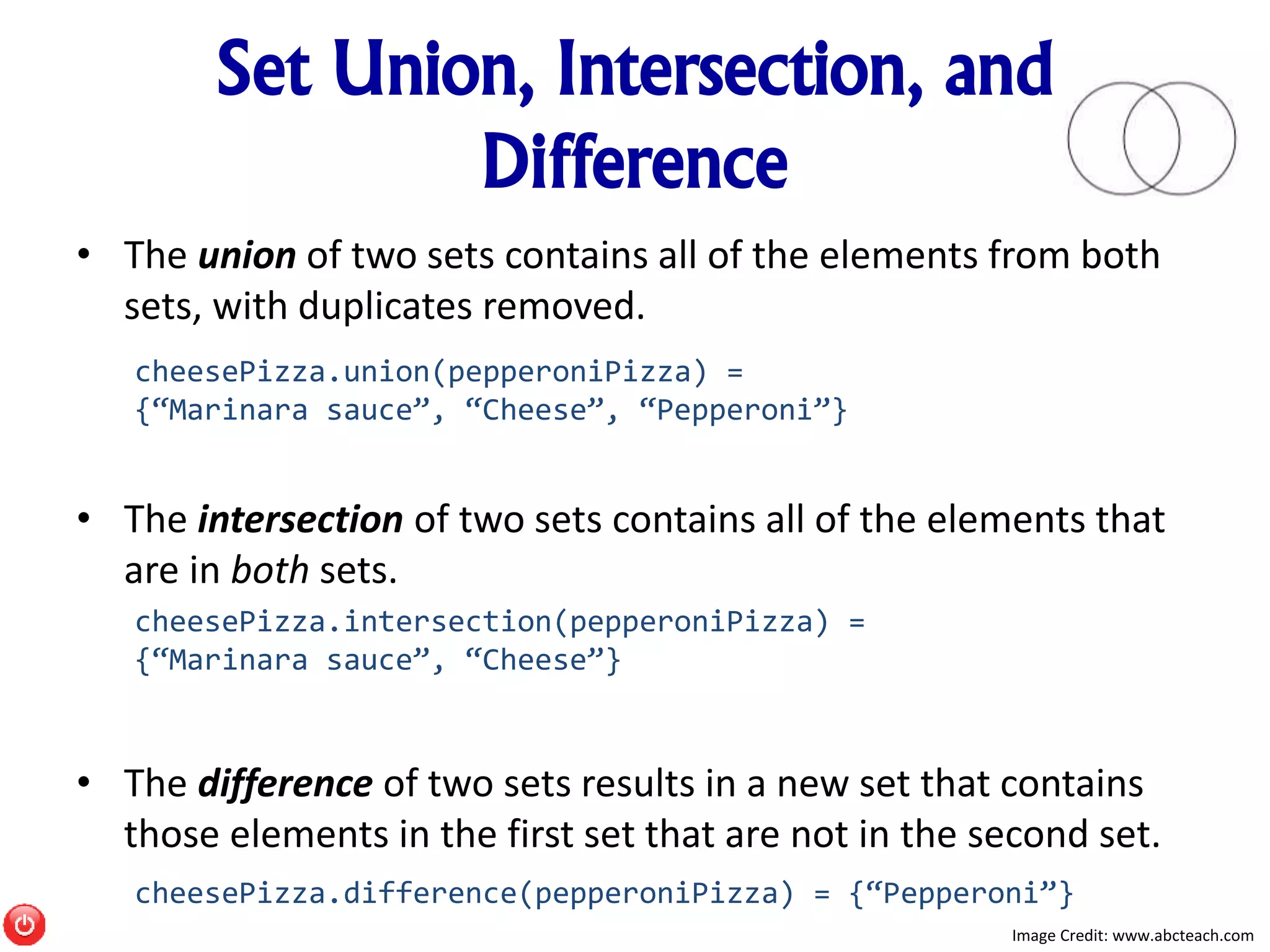 Set Union, Intersection, and
Difference
• The union of two sets contains all of the elements from both
sets, with duplicates removed.
• The intersection of two sets contains all of the elements that
are in both sets.
• The difference of two sets results in a new set that contains
those elements in the first set that are not in the second set.
Image Credit: www.abcteach.com
cheesePizza.union(pepperoniPizza) =
{“Marinara sauce”, “Cheese”, “Pepperoni”}
cheesePizza.intersection(pepperoniPizza) =
{“Marinara sauce”, “Cheese”}
cheesePizza.difference(pepperoniPizza) = {“Pepperoni”}
 