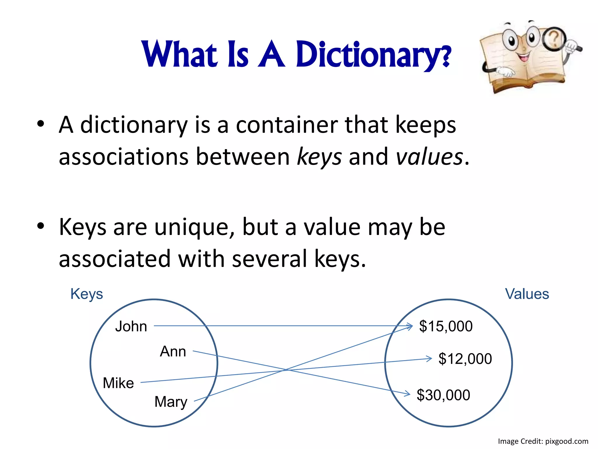 What Is A Dictionary?
• A dictionary is a container that keeps
associations between keys and values.
• Keys are unique, but a value may be
associated with several keys.
John
Mike
Ann
Mary
$15,000
$12,000
$30,000
Keys Values
Image Credit: pixgood.com
 