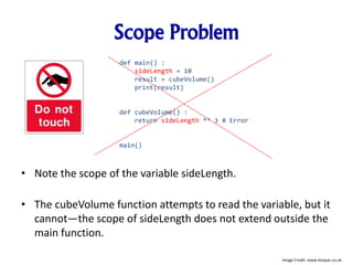 Scope Problem
• Note the scope of the variable sideLength.
• The cubeVolume function attempts to read the variable, but it
cannot—the scope of sideLength does not extend outside the
main function.
def main() :
sideLength = 10
result = cubeVolume()
print(result)
def cubeVolume() :
return sideLength ** 3 # Error
main()
Image Credit: www.lexique.co.uk
 