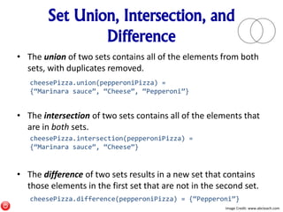 Set Union, Intersection, and
Difference
• The union of two sets contains all of the elements from both
sets, with duplicates removed.
• The intersection of two sets contains all of the elements that
are in both sets.
• The difference of two sets results in a new set that contains
those elements in the first set that are not in the second set.
Image Credit: www.abcteach.com
cheesePizza.union(pepperoniPizza) =
{“Marinara sauce”, “Cheese”, “Pepperoni”}
cheesePizza.intersection(pepperoniPizza) =
{“Marinara sauce”, “Cheese”}
cheesePizza.difference(pepperoniPizza) = {“Pepperoni”}
 