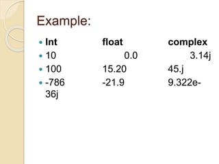 Example:
 Int float complex
 10 0.0 3.14j
 100 15.20 45.j
 -786 -21.9 9.322e-
36j
 