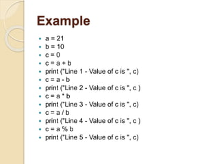 Example
 a = 21
 b = 10
 c = 0
 c = a + b
 print ("Line 1 - Value of c is ", c)
 c = a - b
 print ("Line 2 - Value of c is ", c )
 c = a * b
 print ("Line 3 - Value of c is ", c)
 c = a / b
 print ("Line 4 - Value of c is ", c )
 c = a % b
 print ("Line 5 - Value of c is ", c)
 