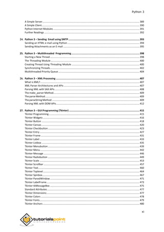 Python 3
xi
A Simple Server............................................................................................................................................389
A Simple Client.............................................................................................................................................390
Python Internet Modules ............................................................................................................................391
Further Readings .........................................................................................................................................392
24. Python 3 – Sending Email using SMTP..................................................................................................393
Sending an HTML e-mail using Python........................................................................................................394
Sending Attachments as an E-mail ..............................................................................................................395
25. Python 3 – Multithreaded Programming..............................................................................................398
Starting a New Thread.................................................................................................................................398
The Threading Module................................................................................................................................400
Creating Thread Using Threading Module ..................................................................................................400
Synchronizing Threads.................................................................................................................................402
Multithreaded Priority Queue.....................................................................................................................404
26. Python 3 – XML Processing ...................................................................................................................407
What is XML?...............................................................................................................................................407
XML Parser Architectures and APIs .............................................................................................................407
Parsing XML with SAX APIs ..........................................................................................................................408
The make_parser Method............................................................................................................................409
The parse Method........................................................................................................................................409
The parseString Method ..............................................................................................................................409
Parsing XML with DOM APIs........................................................................................................................412
27. Python 3 – GUI Programming (Tkinter) .................................................................................................415
Tkinter Programming...................................................................................................................................415
Tkinter Widgets ...........................................................................................................................................416
Tkinter Button .............................................................................................................................................418
Tkinter Canvas .............................................................................................................................................420
Tkinter Checkbutton....................................................................................................................................423
Tkinter Entry................................................................................................................................................427
Tkinter Frame ..............................................................................................................................................431
Tkinter Label................................................................................................................................................433
Tkinter Listbox .............................................................................................................................................435
Tkinter Menubutton....................................................................................................................................439
Tkinter Menu...............................................................................................................................................442
Tkinter Message ..........................................................................................................................................446
Tkinter Radiobutton ....................................................................................................................................449
Tkinter Scale ................................................................................................................................................453
Tkinter Scrollbar ..........................................................................................................................................457
Tkinter Text..................................................................................................................................................460
Tkinter Toplevel...........................................................................................................................................464
Tkinter Spinbox............................................................................................................................................467
Tkinter PanedWindow.................................................................................................................................471
Tkinter LabelFrame......................................................................................................................................473
Tkinter tkMessageBox .................................................................................................................................475
Standard Attributes.....................................................................................................................................477
Tkinter Dimensions......................................................................................................................................477
Tkinter Colors ..............................................................................................................................................478
Tkinter Fonts................................................................................................................................................479
Tkinter Anchors ...........................................................................................................................................480
 